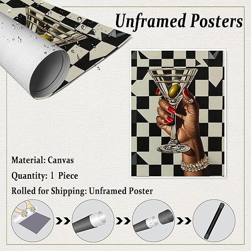 Miniatura 2 de Pintura retro de Martini con diseño de mujer negra, carro, póster ecléctico de cóctel, decoración de apartamento de moda para sala de estar, comedor