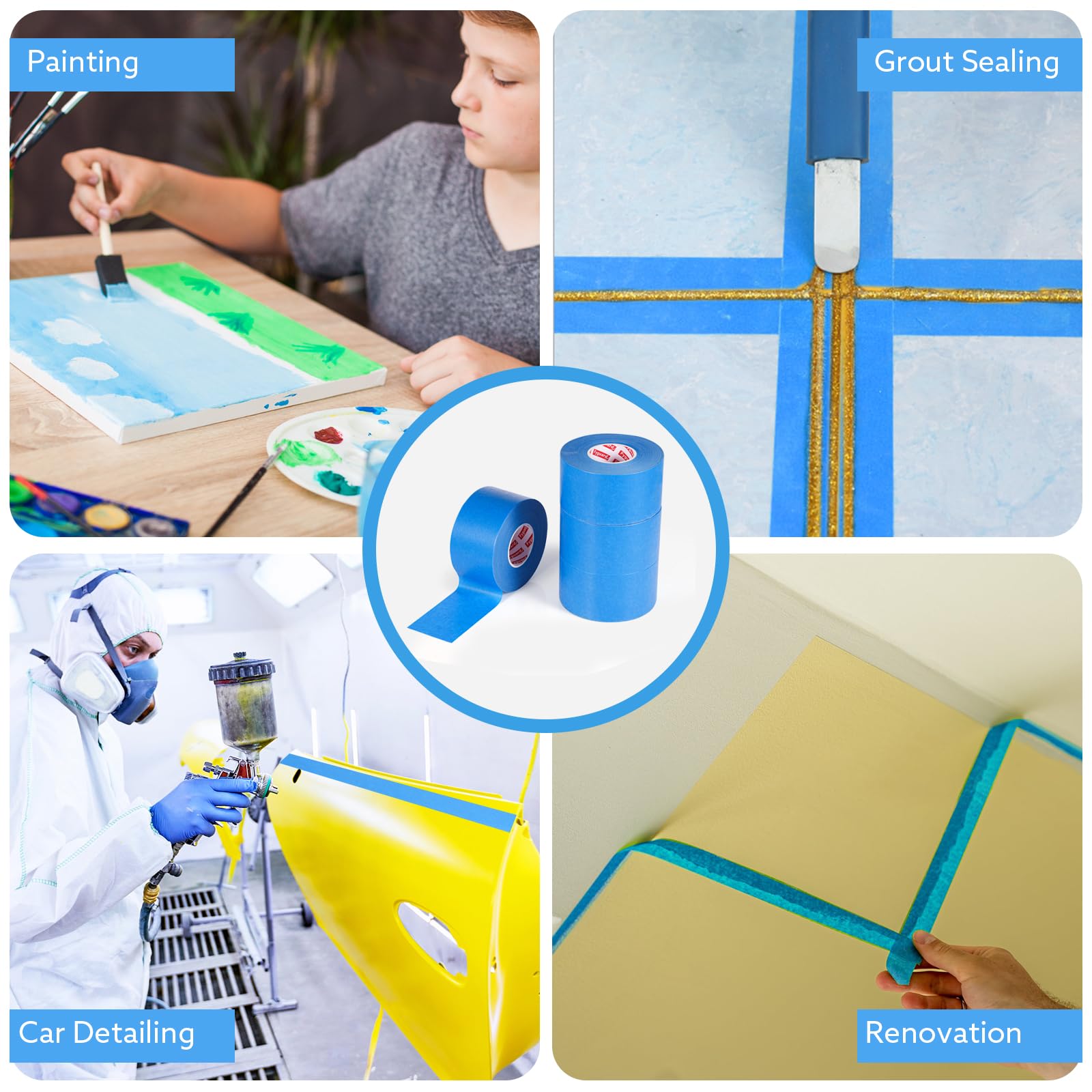 4 rollos de cinta adhesiva de pintor, 50 m x 48 mm, color azul, cinta adhesiva de pintor, cinta adhesiva universal para pintar, renovaciones y manualidades
