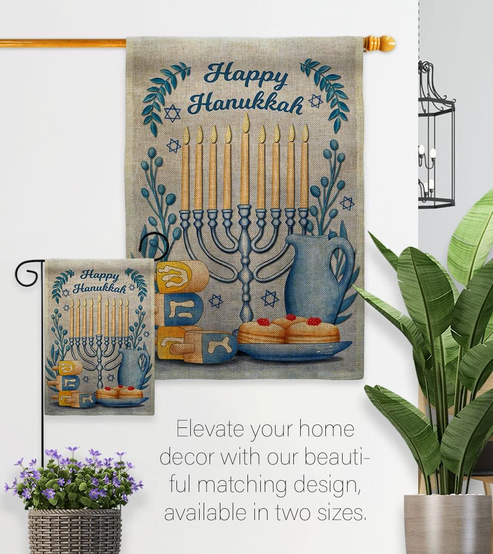Happy Hanukkah Set Wall Holder Winter Candle Bonsai Menorah Jewish Chanukah David House Decoration Banner Small Yard Gift Double-Sided, Garden Flag 13"x 18.5", Thick Burlap