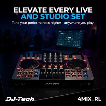 وحدة تحكم DJ Tech DJ، وحدة تحكم USB MIDI ذات 4 طوابق مع بطاقة صوت مدمجة، خلاط رباعي القنوات مع معادل ومرشحات، لوحات أداء مضيئة، عناصر تحكم FX، أزرار تحديد الطابق، VirtualDJ LE متضمنة