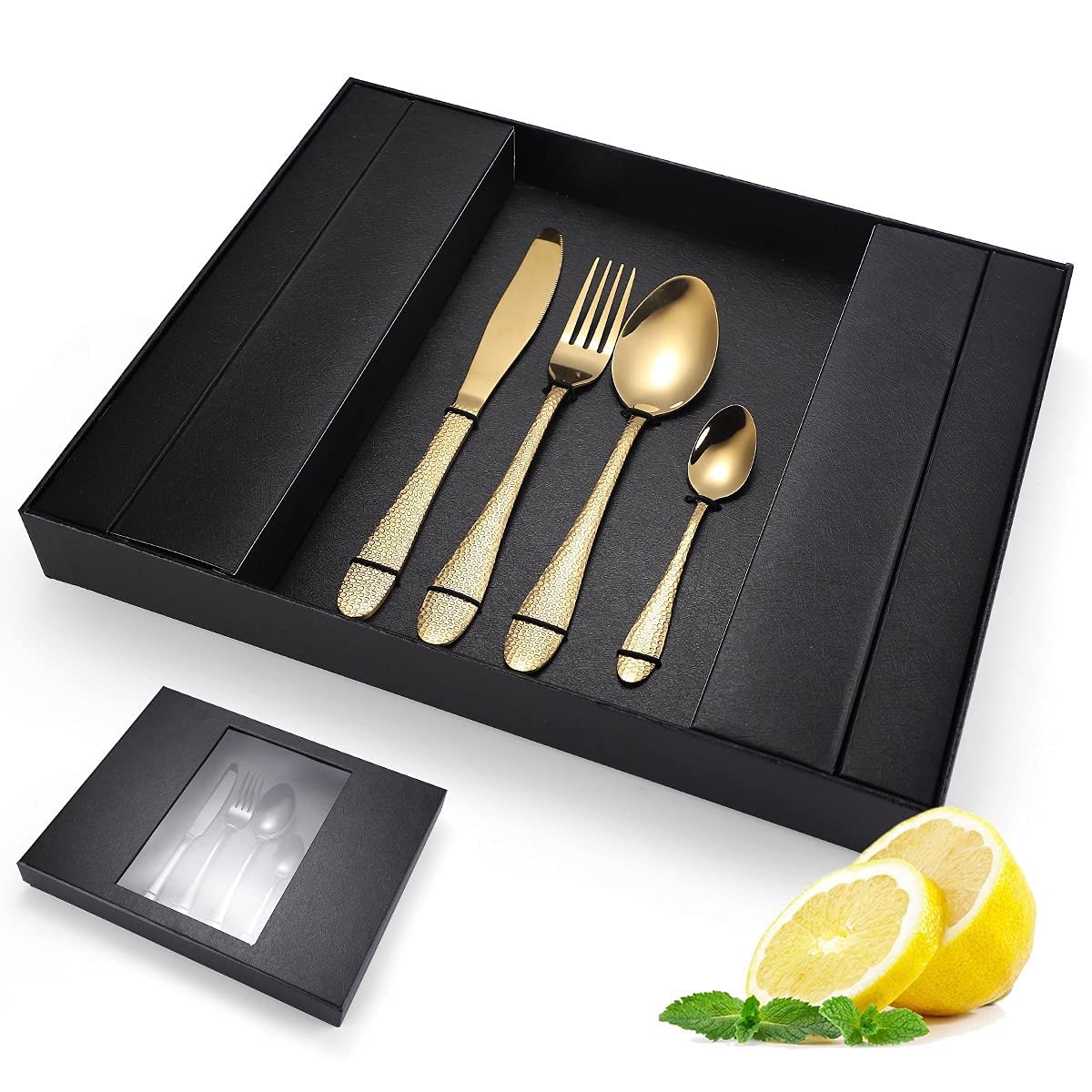 Juego de Cubiertos de Acero Inoxidable de 24 Piezas con Caja de Regalo. Incluye Cuchillos, Tenedores y cucharas. Acabado Pulido Espejo (Dorado).