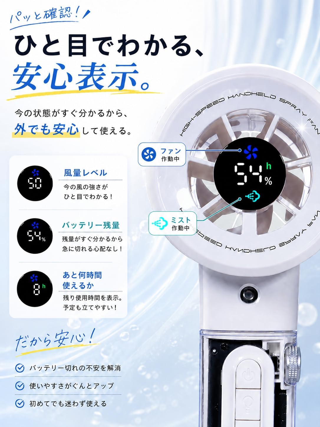 Amazon.co.jp: Monons Handy Fan with Mist, 100 Levels of Air Flow