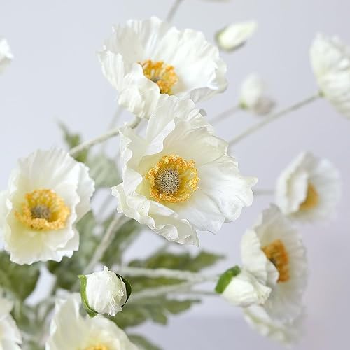 Miniatura 2 de JINWOE Flores de seda de amapola blanca, 6 plantas y flores artificiales realistas, ramo de amapolas sintéticas con tallos largos para primavera,