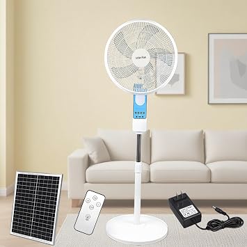 Pedestal Fan with Remote, Solar Rechargeable Floor Standing Fan with Solar Panel, Two Charging Methods, 4 Speeds, Adjustable Height, for Commercial Workshops, Garage, Warehouse,White