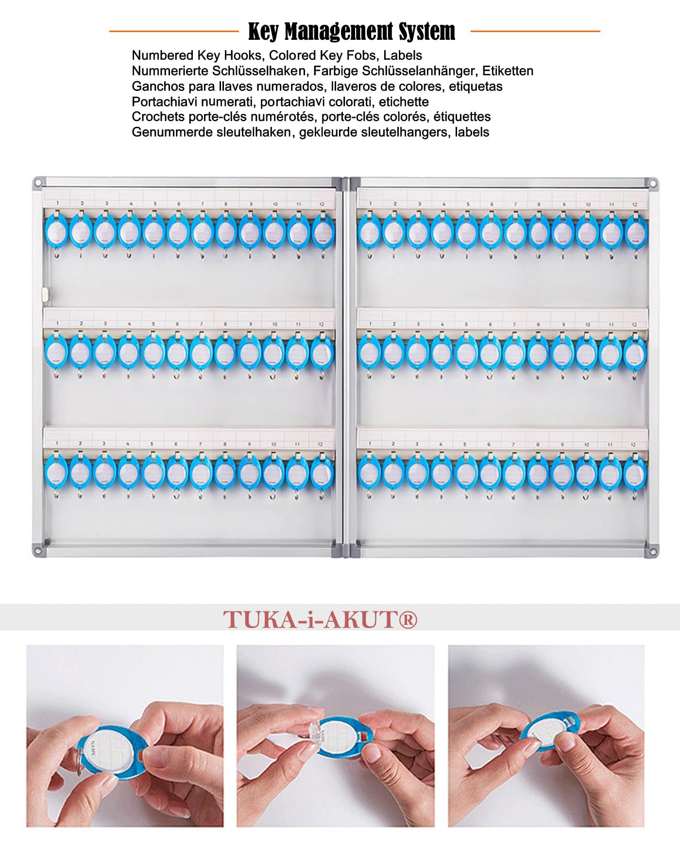 TUKA-i-AKUT Schlüsselkasten 72 Haken, Abschließbar Metall Schlüsselschrank Wandmontage, Schlüssel Aufbewahrung Schlüssel Box aus Aluminiumlegierung, mit Schlüsselanhänger u Montage Set, TKD8650-72
