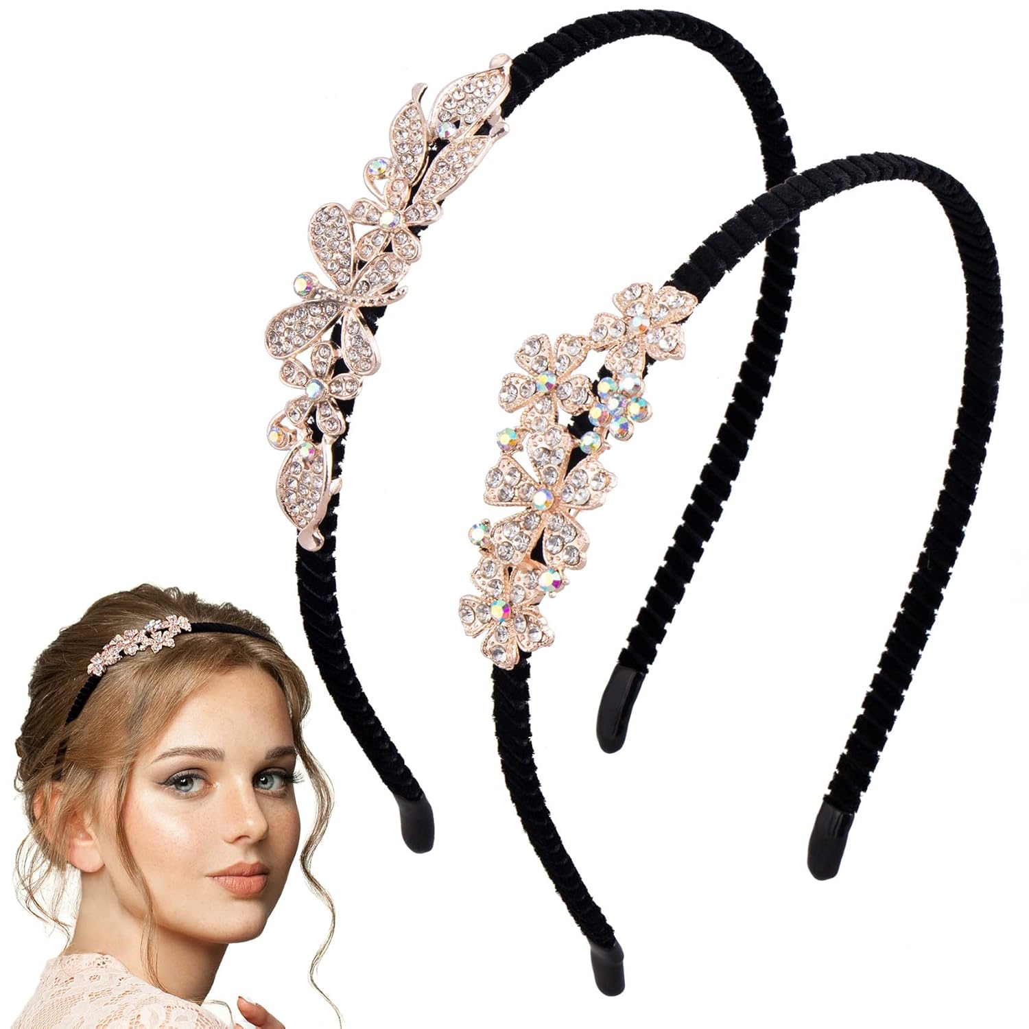 HINZIC 2PCS Crystal Hair Band Flowers Pearl Headbands