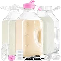 Vista 1 de Paquete de 4 botellas de leche de vidrio de 1/2 galón con tapa hermética y 2 picos vertedores - Jarra de leche de vidrio resistente de 64 oz, jarras