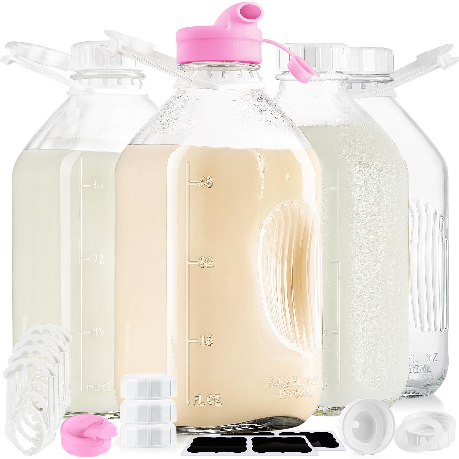 4 Pack 1/2 Gal Glass Milk Bottle with Airtight Lid & 2 Pour Spouts - 64 Oz Heavy Duty Glass Milk Jug, Water Pitchers with 8 Handles and 2 Exact Scale Lines for Juice Breast/Almond/Nut/Oat Milk Sun Tea
