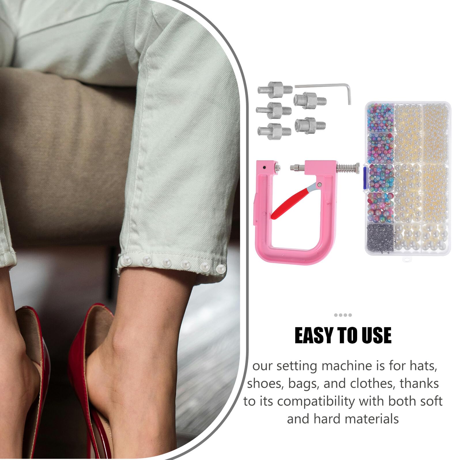 DECORNIJIA Juego Prensa Manual para Engarzar Cuentas Máquina de Fijación Kit Perlas Beige y Prensa Rosa Herramienta para Bordar Ropa Zapatos y Bolsos Kit DIY Remaches Redondos