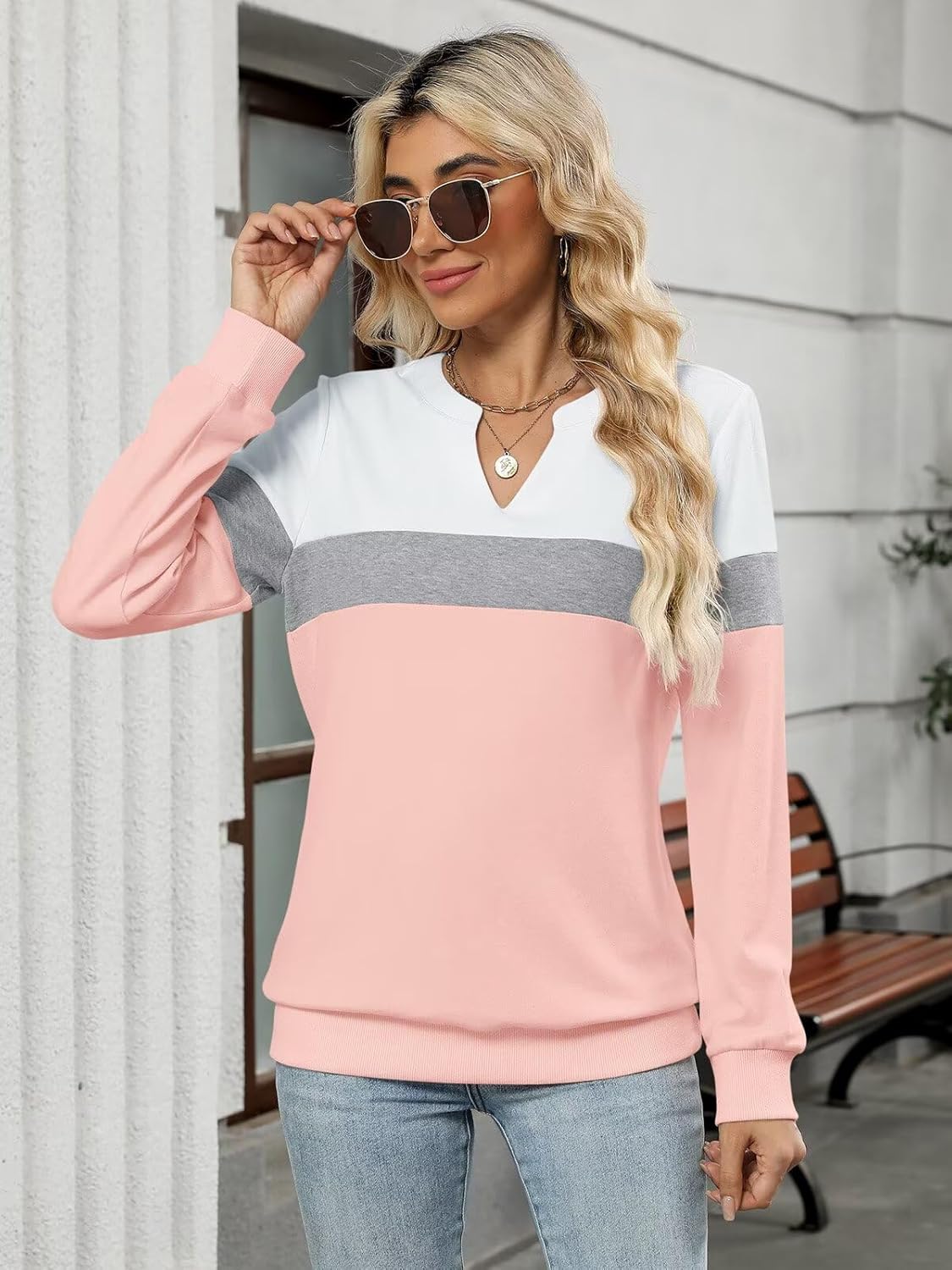 EADINVE Womens Casual Long Sleeve V Neck Sweatshirts Cute Loose Fit Lightweight Pullover Fall Clothes Tunic Tops - Image 3