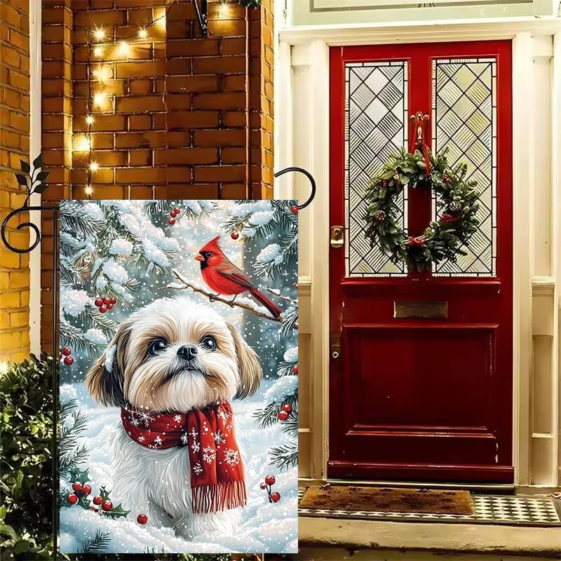 Winter Christmas Shih Tzu Dog Garden Flags 12x18 Double Sided, Small Burlap Farmhouse Holiday Garden Flag Winter Decorations Outdoor Yard Lawn Flags for Outside Home - Image 6