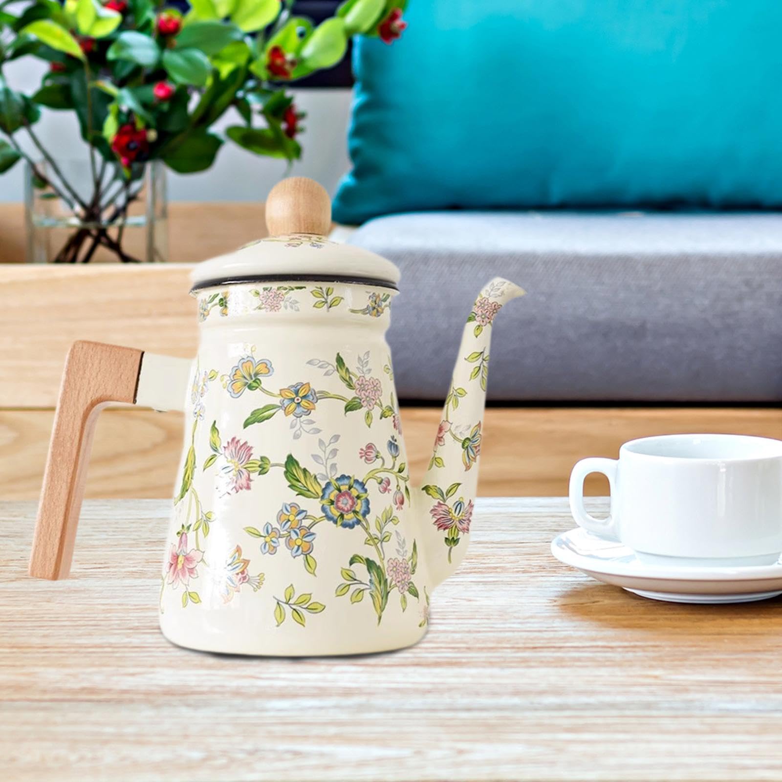 perfk Emaille-Kaffeekanne, Wasserkocher, Emaille, für Zuhause, Tee, dick, 1,2 l, Wasserkocher mit losen Blättern, für den Außenbereich, Vintage-Design,