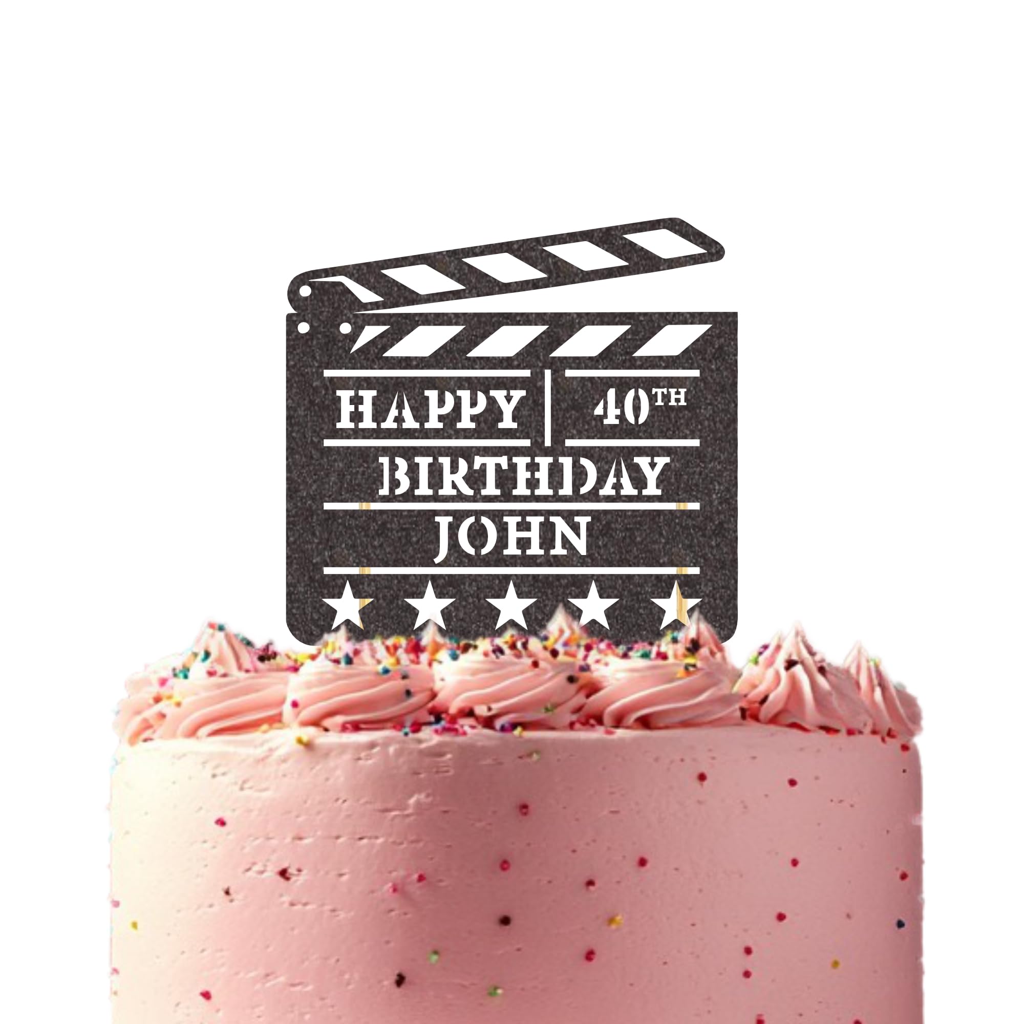 Customisable Directors Film Clapperboard Cake Topper - Elegant, Personalised Decoration for Party Celebrations, Durable Glitter Card Design (Black)
