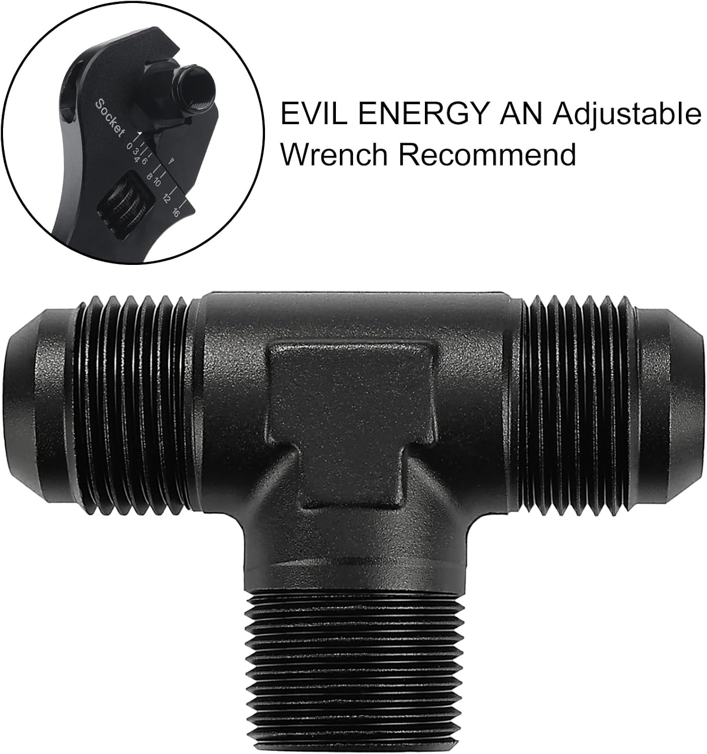 EVIL ENERGY 12AN Tee Male Flare to 3/4 NPT on Side Branch T Fitting Adapter Aluminum Black