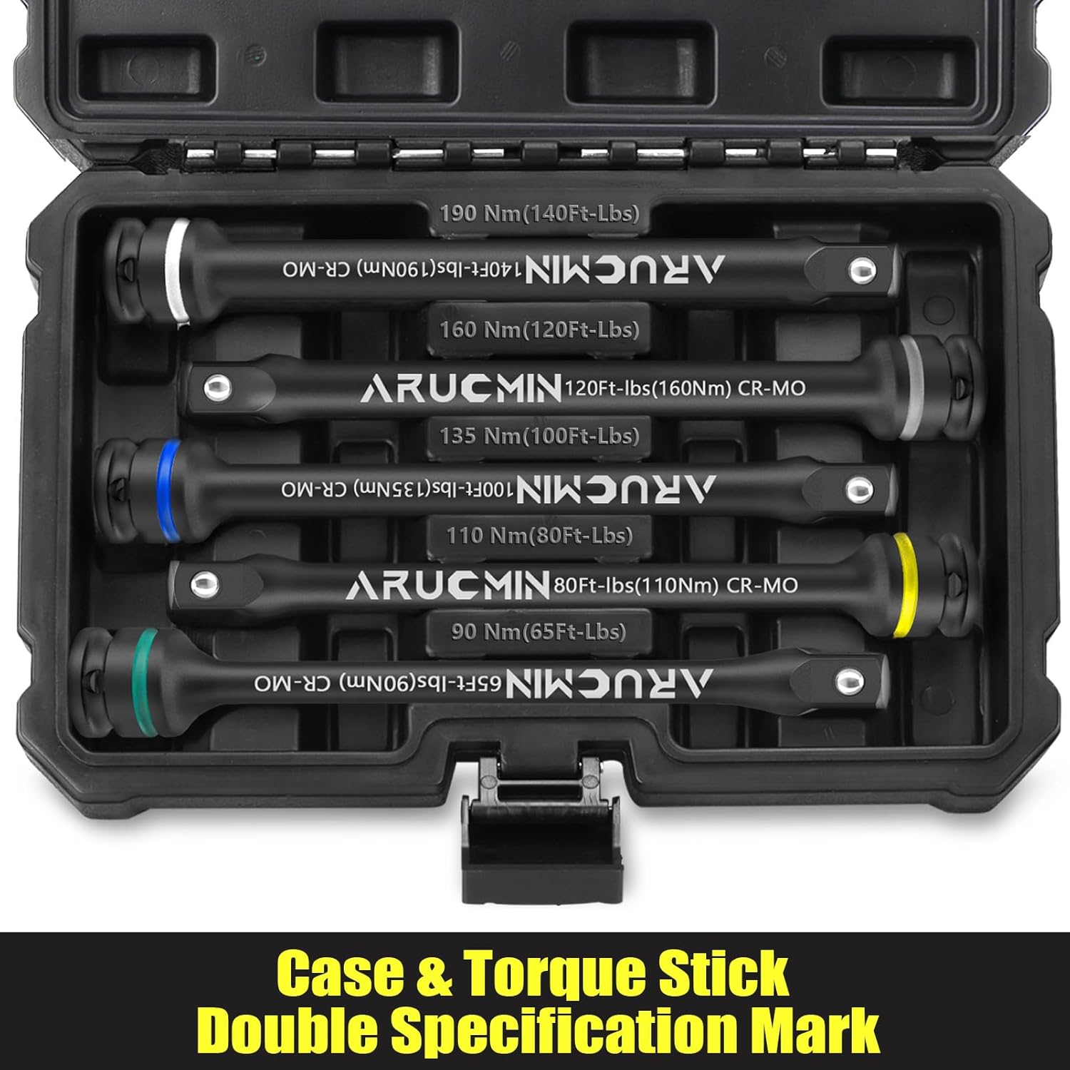 1/2" Drive Torque Limiting Extension Bar Set, 5-Piece Lug Nut Torque Stick Set With 8 Inch Color-Coded 65 to 140 Ft-Lbs Torque Sticks