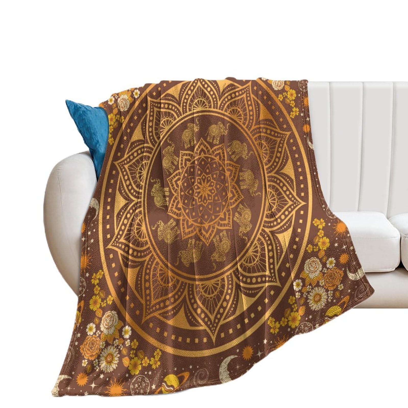COALHO Rustic Boho Indian Mandala Throw Sofa Couch Fluffy Warm Blanket Vintage Indian Floral Tropical Animal Elephant Moon Planet Star Print Blanket Bed Plush Throw Flannel Throw-130W×150L CM