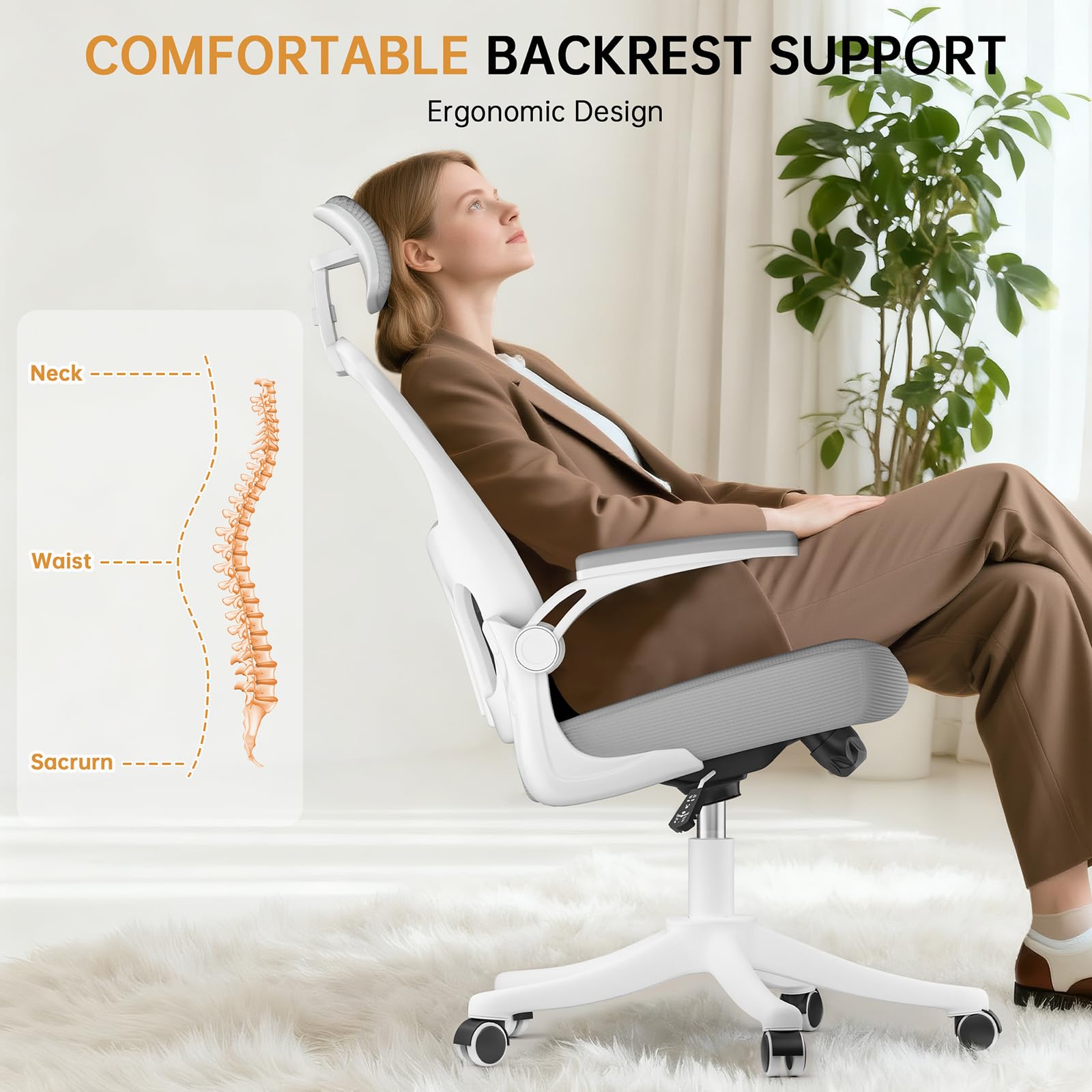 Sedia da ufficio ergonomica con poggiatesta regolabile e supporto lombare, sedia da scrivania in rete traspirante, ruote a 360°, montaggio senza attrezzi (grigio)
