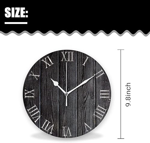 Miniatura 5 de Reloj de pared rústico silencioso sin tictac, reloj de madera negro con números romanos, reloj de pared redondo de 9.8 x 9.8 pulgadas para cocina,