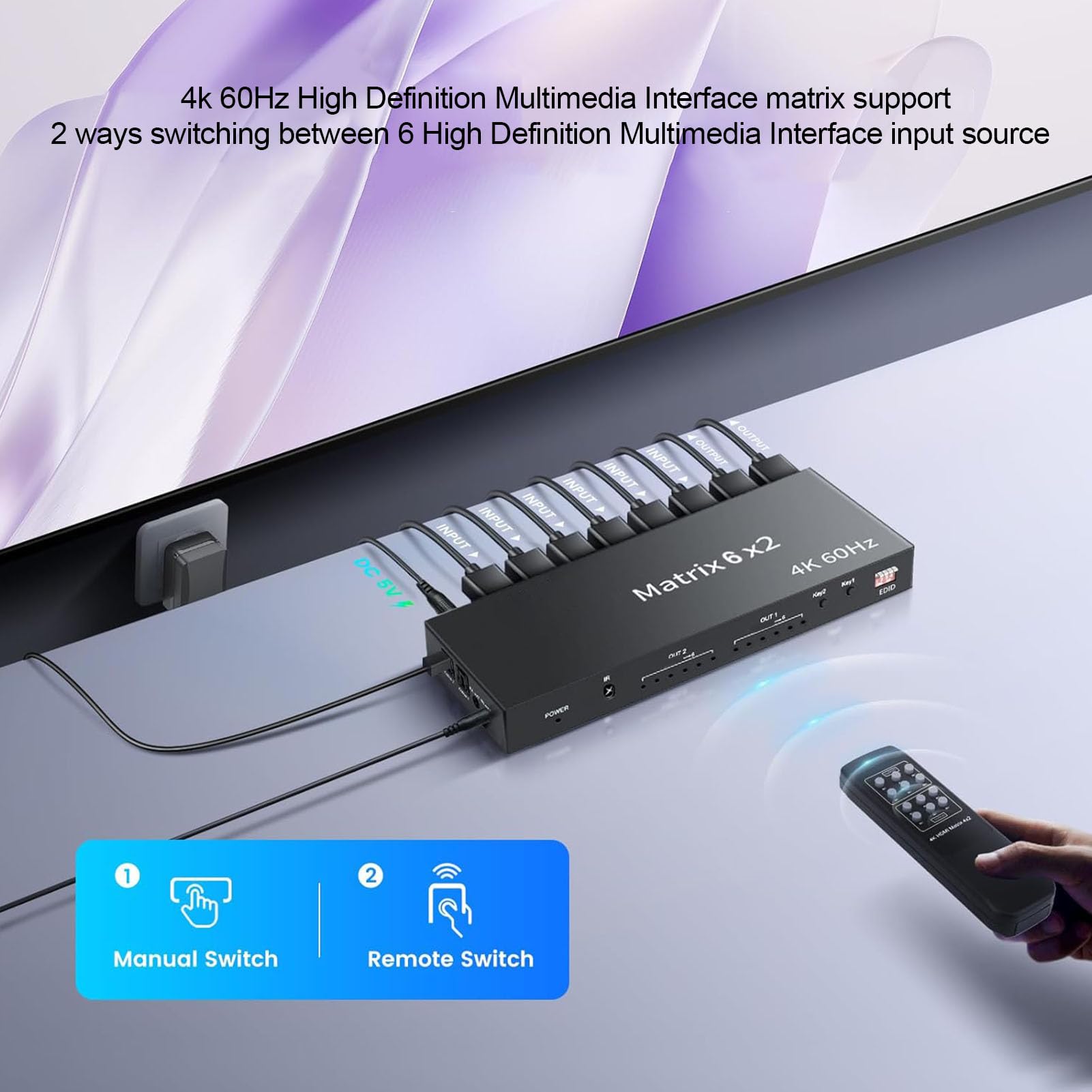 Commutateur Matriciel 6x2 4K, Répartiteur de Commutateur 4K 60 Hz 6 Entrées 2 Sorties avec Sortie Optique SPDIF 3,5 Mm, Télécommande pour Projecteur PC HDTV (Prise UE)
