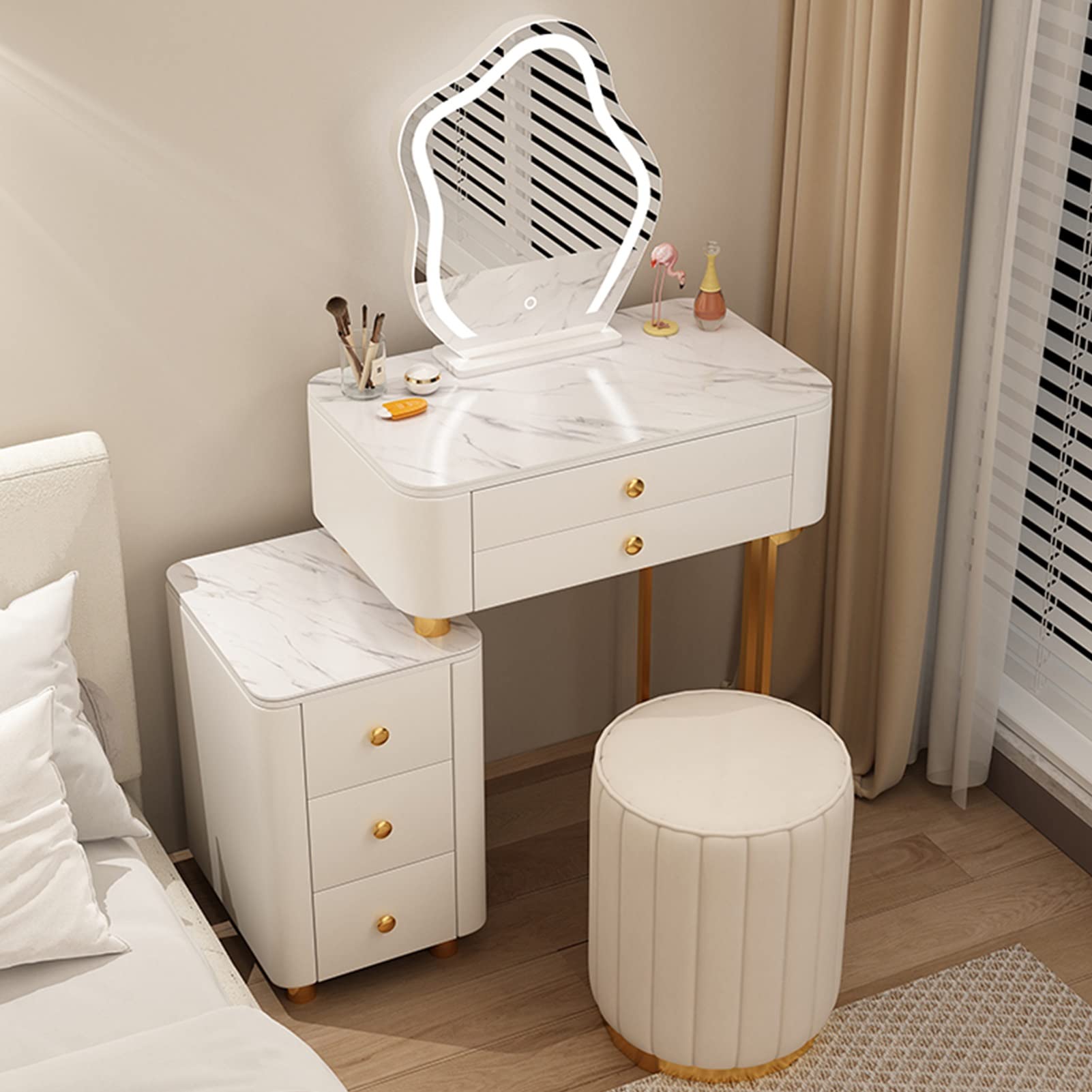 asdchZen Minimalist Makeup Vanity Table With Storage Drawers & Removable Mirror, Cushioned Stool For Women & Girls-Stylish Dressing Table For Bedroom,2-50cm/19.6in
