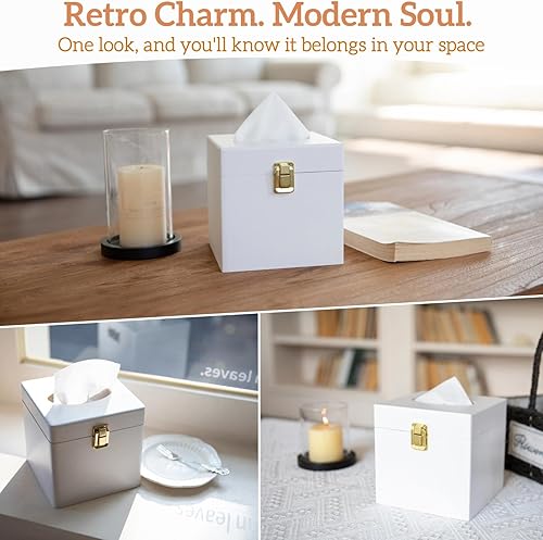 Miniatura 2 de Cubierta cuadrada para caja de pañuelos – Soporte de madera para caja de pañuelos con interruptor de metal retro, soporte de papel higiénico,