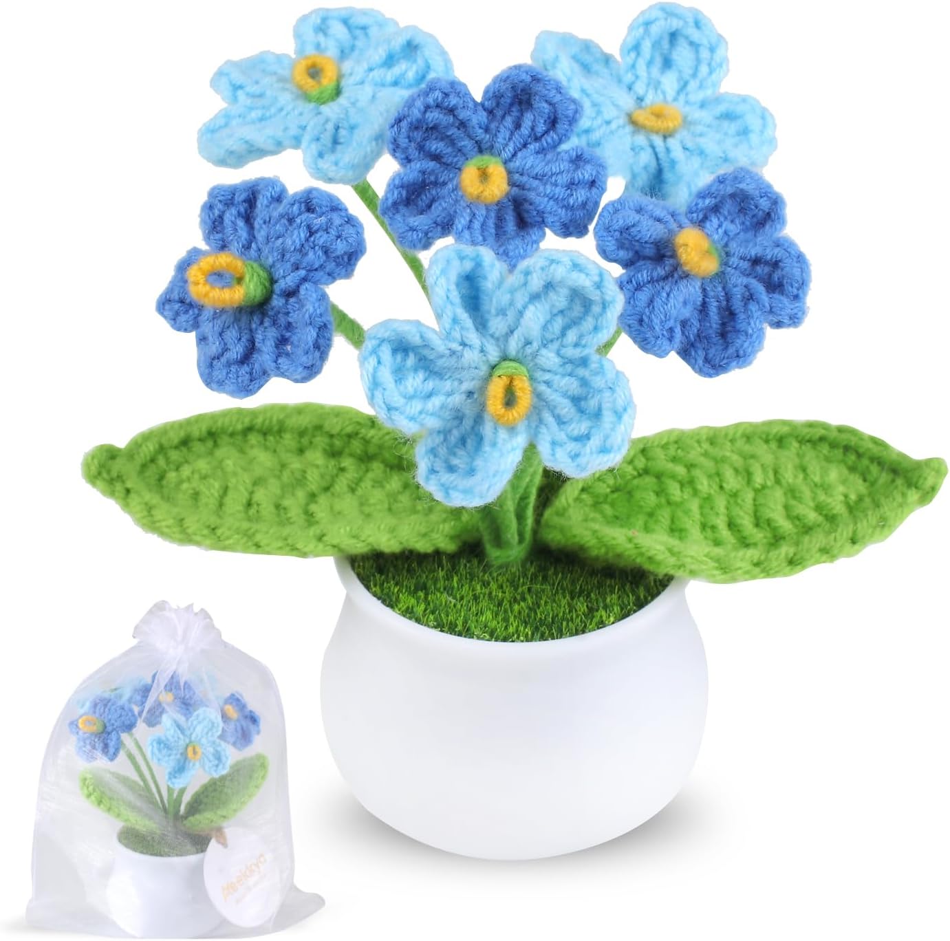 Crochet Flower, Ombre Blue Forget Me Not, Handmade Yarn Crochet Flowers for Women, Teacher, Friend, Mom, Cute Desk Decor Gift for Birthday, Valentine’s Day, Thank You