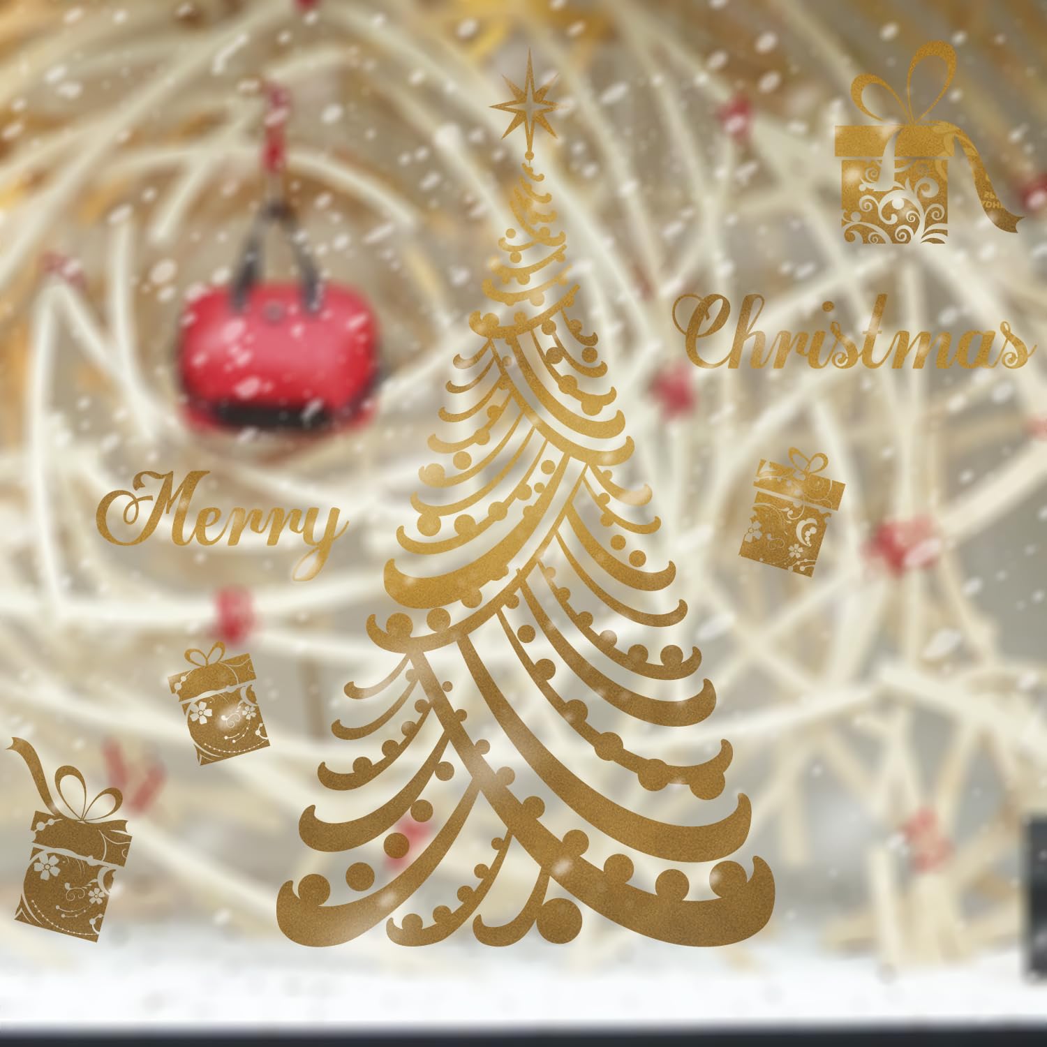 Sapin de Noël autocollant doré 110cm décoration vitrine magasin et vitre maison