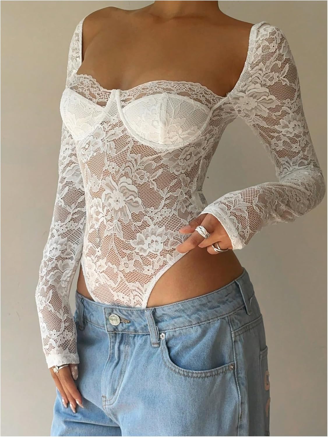 SweatyRocks Women's Sheer Lace Long Sleeve Underwire Bodysuit Corset Tops Skinny Leotard - Image 2