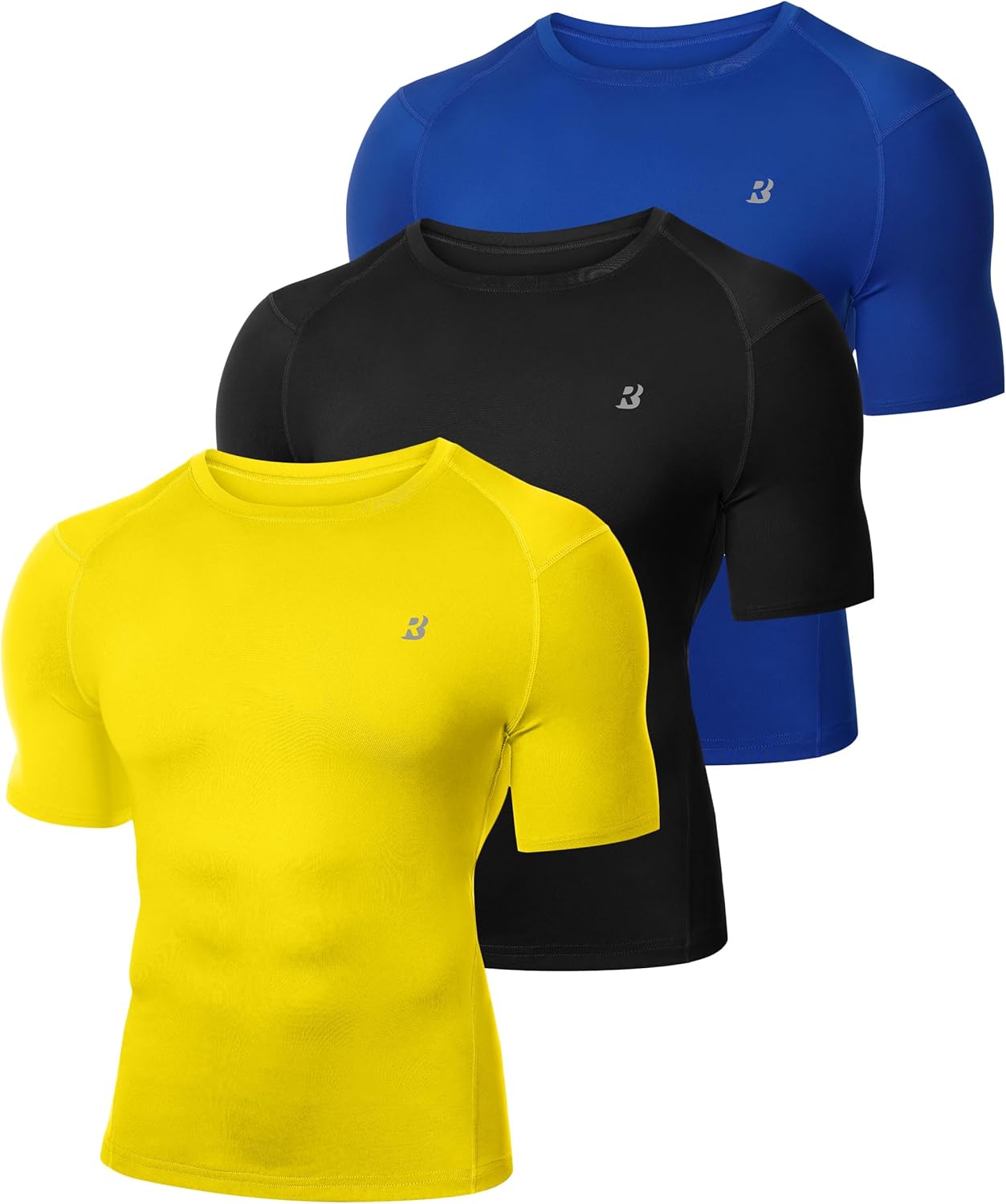 Roadbox 3 Pack Mens Compression Shirt Short Sleeve, Athletic Football Running Base Layer Cool Dry T Shirts for Sports Workout