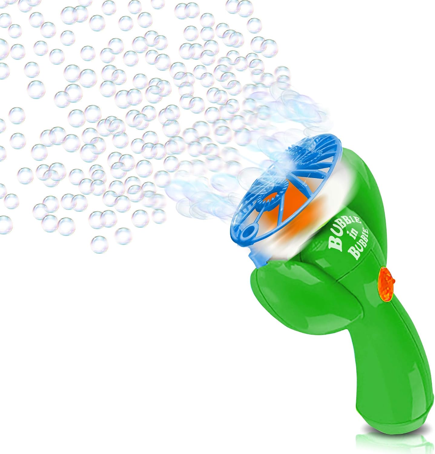 ArtCreativity Double Bubble Blower Fan - Battery-Operated Bubbles Blaster - 4oz Solution and Dipping Tray Included - Fun Bubble Blowing Shooter for Boys and Girls, Great Outdoor Summer Game - Green