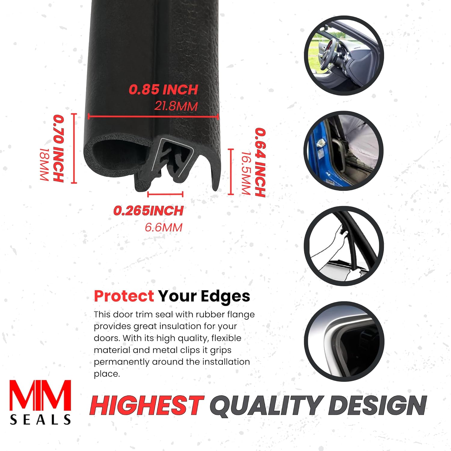 Door Trim Seal with Internal Rubber Flange 45/64" Bulb Diameter X 0.039"-17/64" Grip Range X 21/32" U Height (50 Feet)