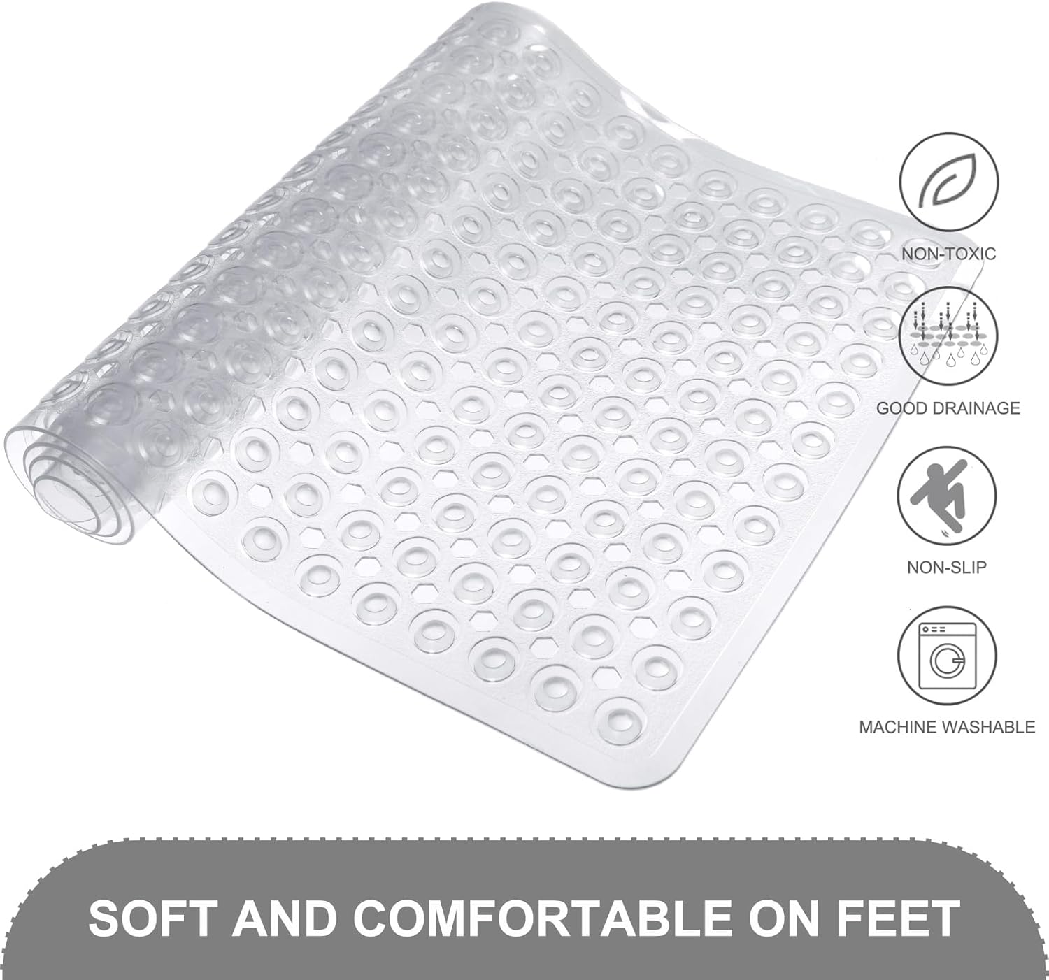 Bath Mat for Tub & Shower, Non Slip Soft Bathmat with Suction Cups & Drain Holes, Machine Washable Bathtub Floor Liner Mats for Bathroom, 35x16 Inch, Clear - Image 4