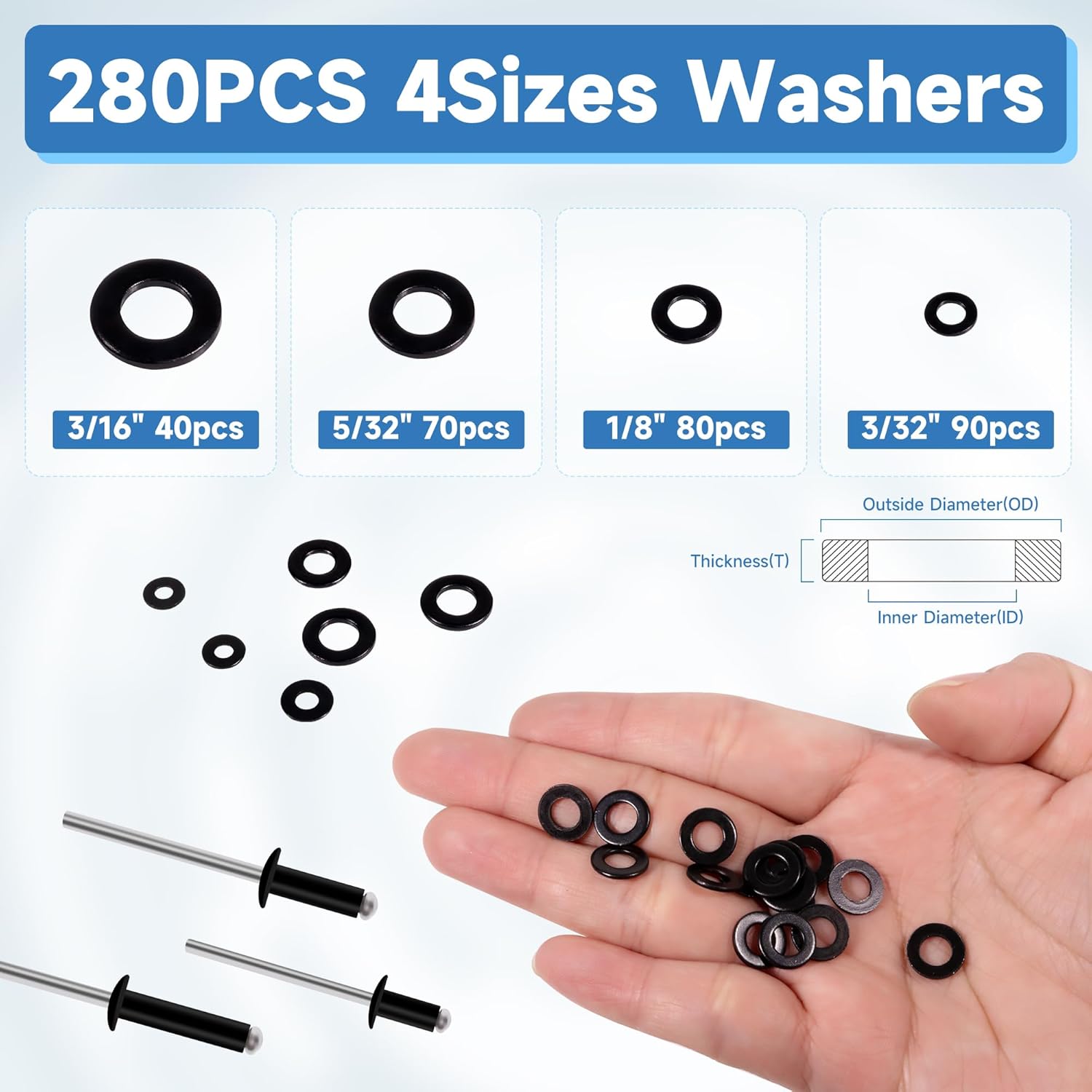 810PCS Black Pop Rivets Assortment Kit, 14 Sizes SAE Aluminum Blind Rivets, 1/8", 3/32", 5/32", 3/16" for Metal Furniture Marine Boat and Automotive, with 304 Stainless Steel Washers