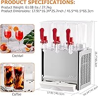 Vista 7 de Towallmark 3 Tanks Dispensador de jugo comercial de 7.93 galones, 30 L, 10 litros por tanque, dispensador de bebidas de té helado de grado