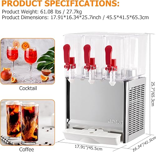 Miniatura 7 de Garvee 3 Tanks Dispensador de jugo comercial de 7.93 galones, 30 L, 10 litros por tanque, dispensador de bebidas de té helado de grado alimenticio