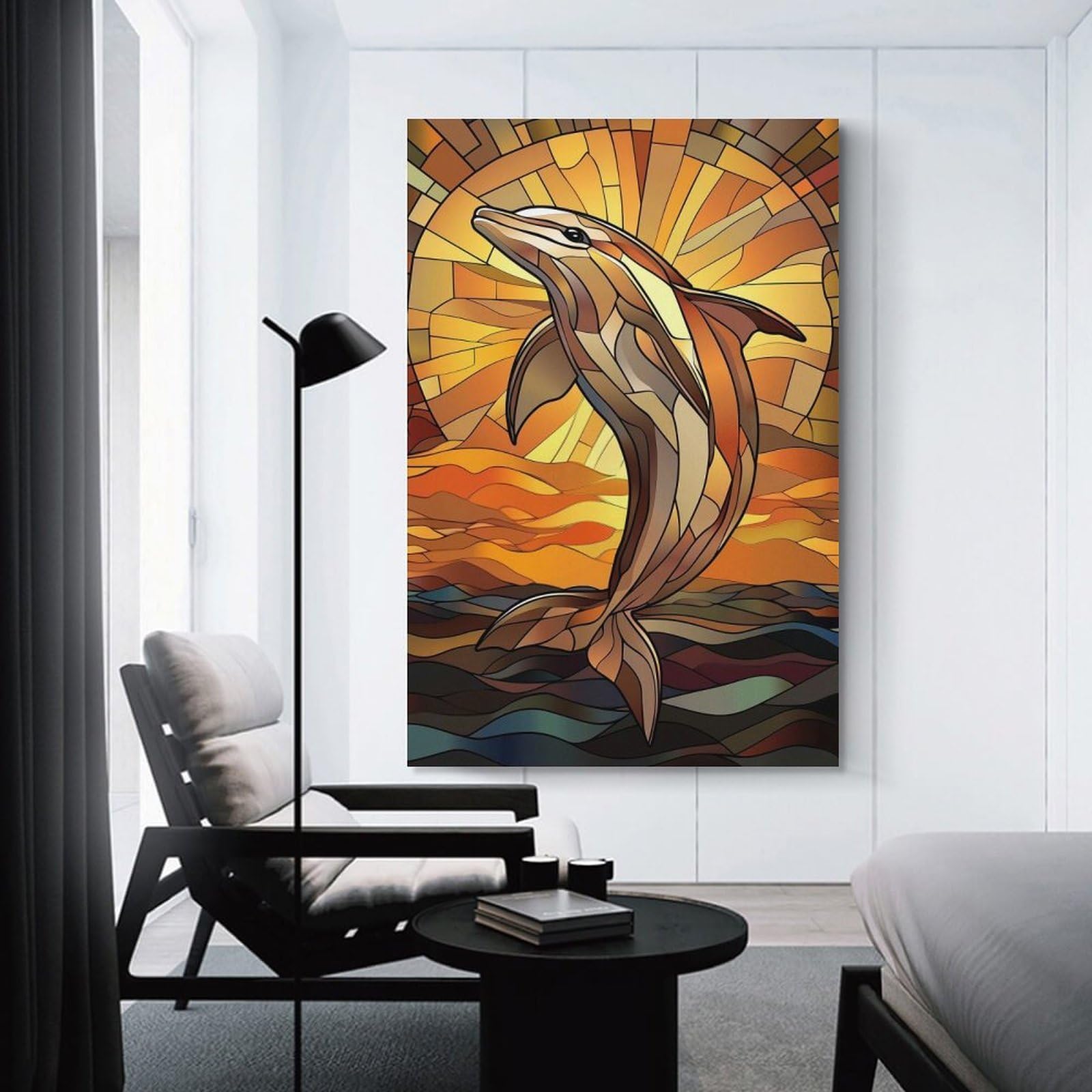 Junmoney Dolphin Sunset Stained Glass Canvas Wall Decor, 12x18inch(30x45cm), for Bedroom, Guest Room Or Reading Nook, Canvas Wall Decor for Personal Spaces