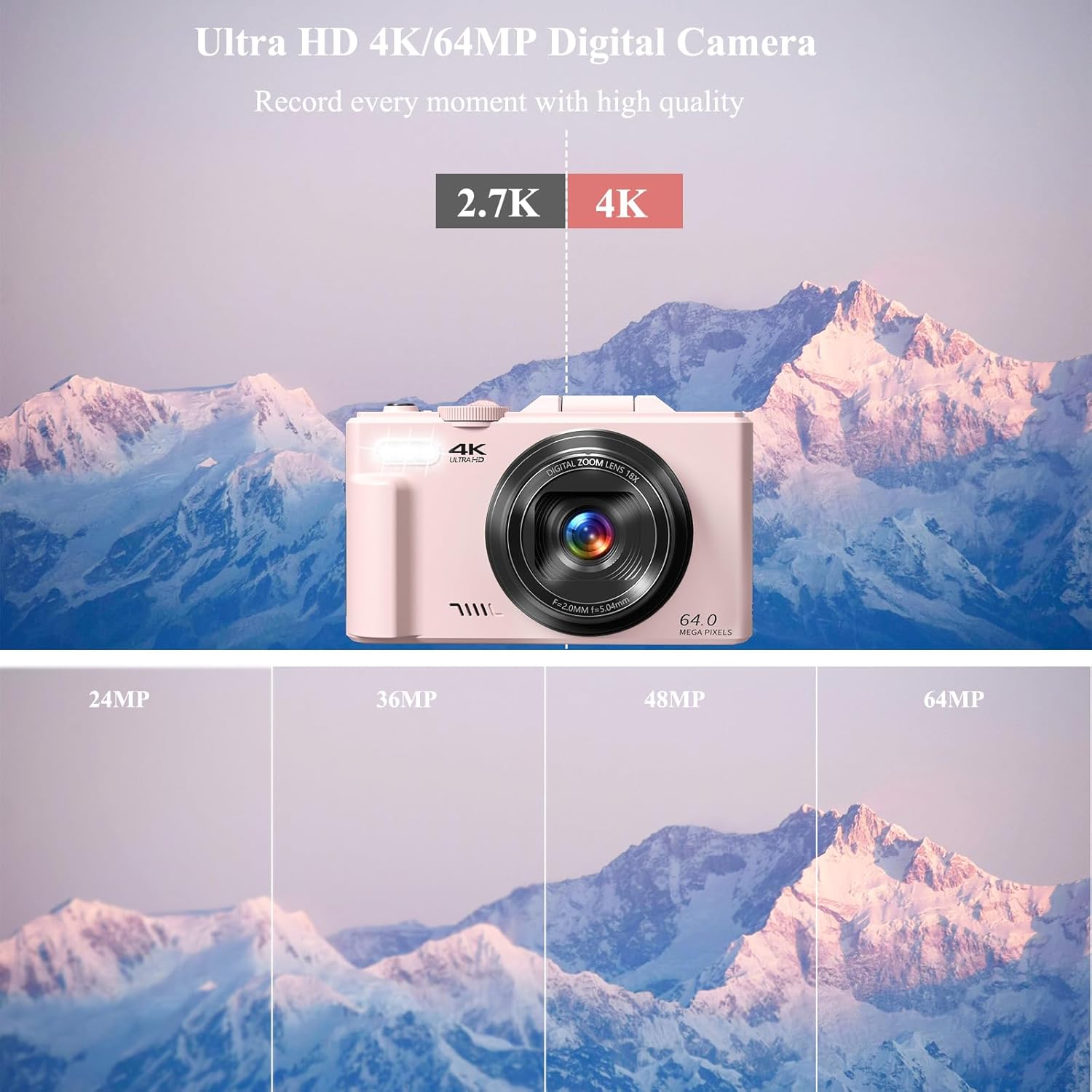 4K Digital Camera for Photography, 64MP Vlogging Camera for YouTube, WiFi Vlog Cameras with 18X Digital Zoom, 3'' Flip Screen and 32GB TF Card, Pink