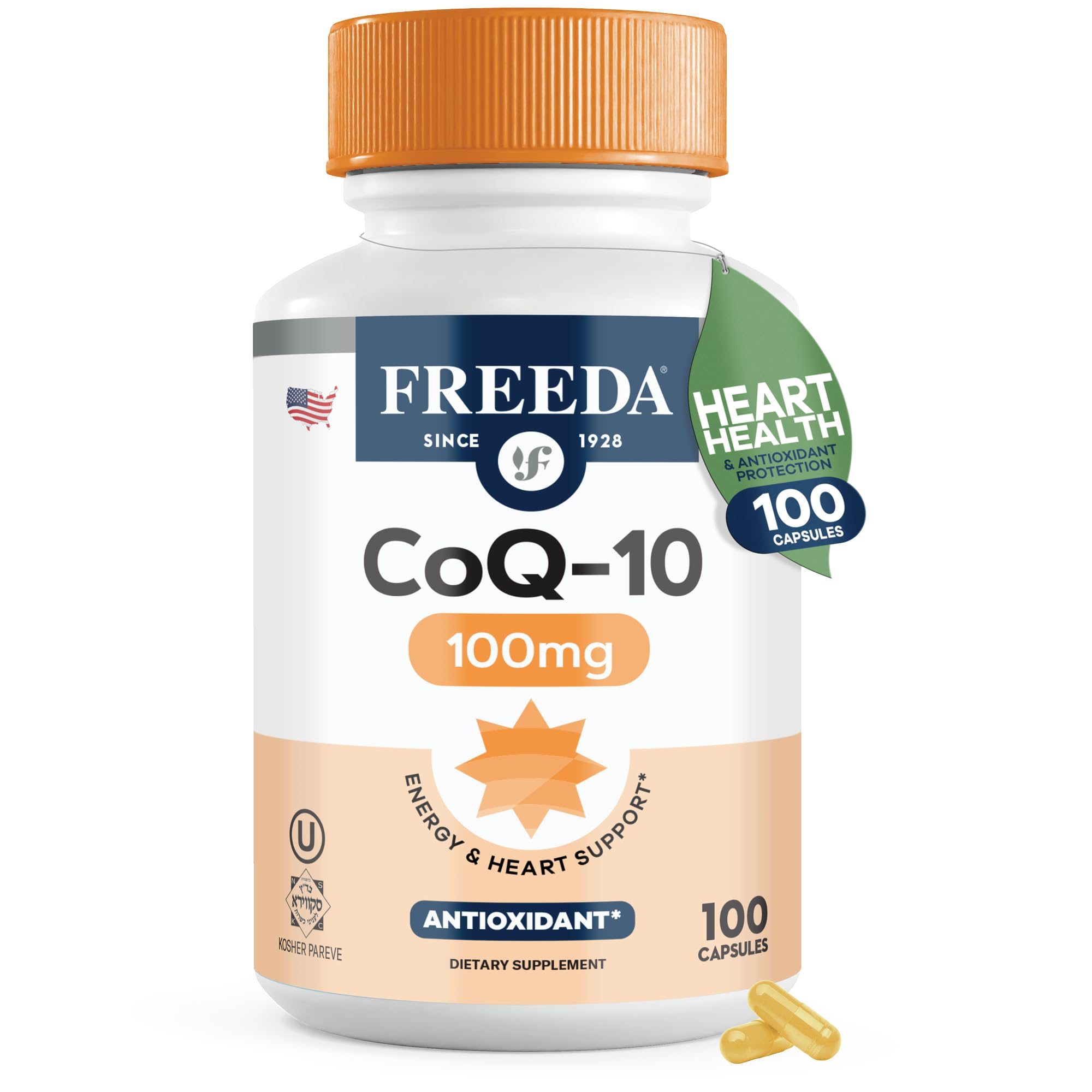CoQ10 100mg - Kosher Coenzyme Q10 Dietary Supplement for Cardiovascular Heart Health, Blood Pressure Support, Oral Gum Health, and Healthy Aging - Pure CoQ10 Capsules, 100 Count