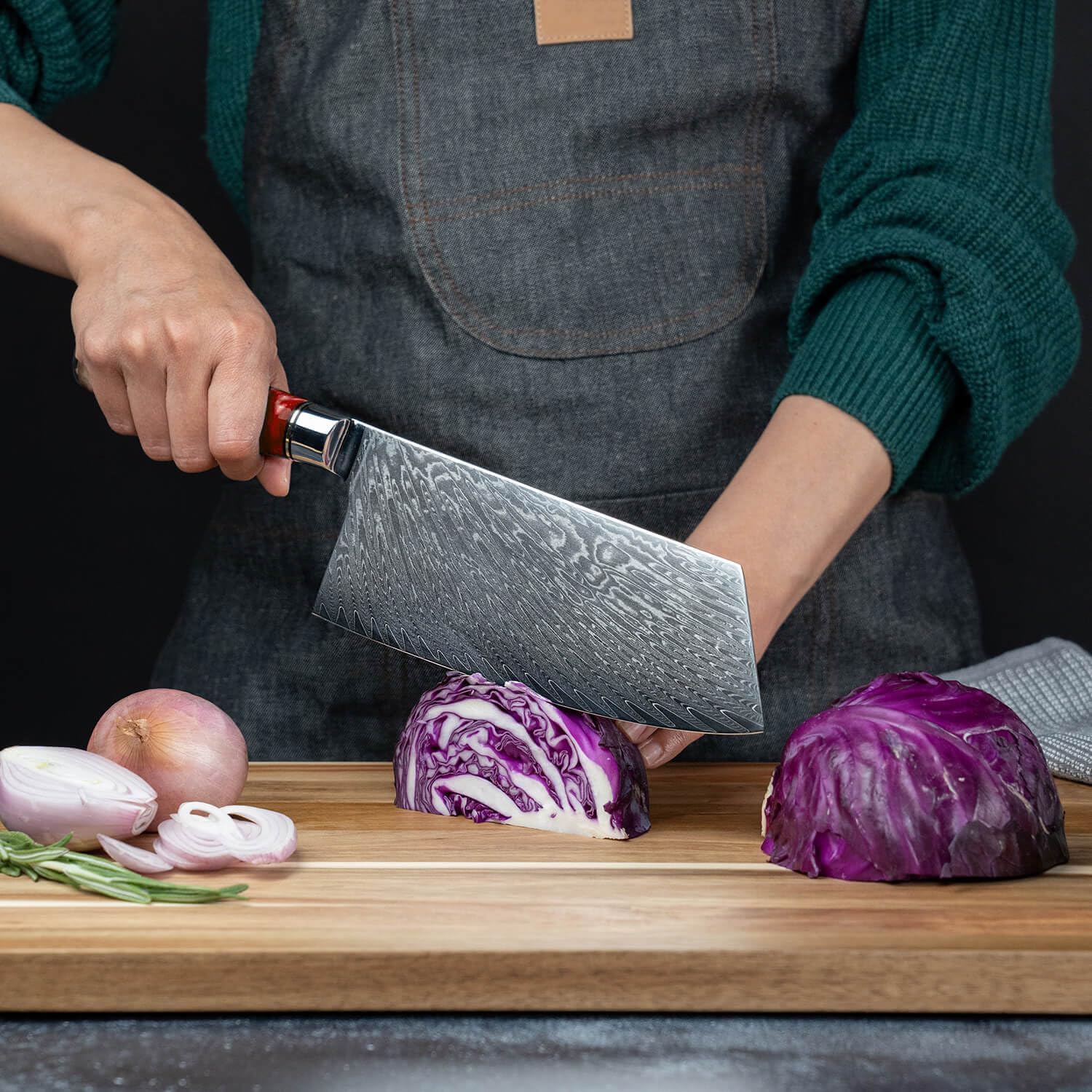SENKEN 7-Piece Damascus Kitchen Knife Set - Tsunami Collection - 67-Layer Japanese VG10 Steel - Chef's Knife, Cleaver, Santoku, Bread, Boning, & More (Red Resin Blend) — Amazon image 4