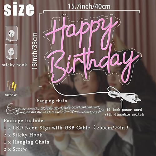 Miniatura 4 de Letrero de neón de feliz cumpleaños para decoración de pared, letreros de luz LED de neón rosa, decoración artística regulable, letrero de luz de
