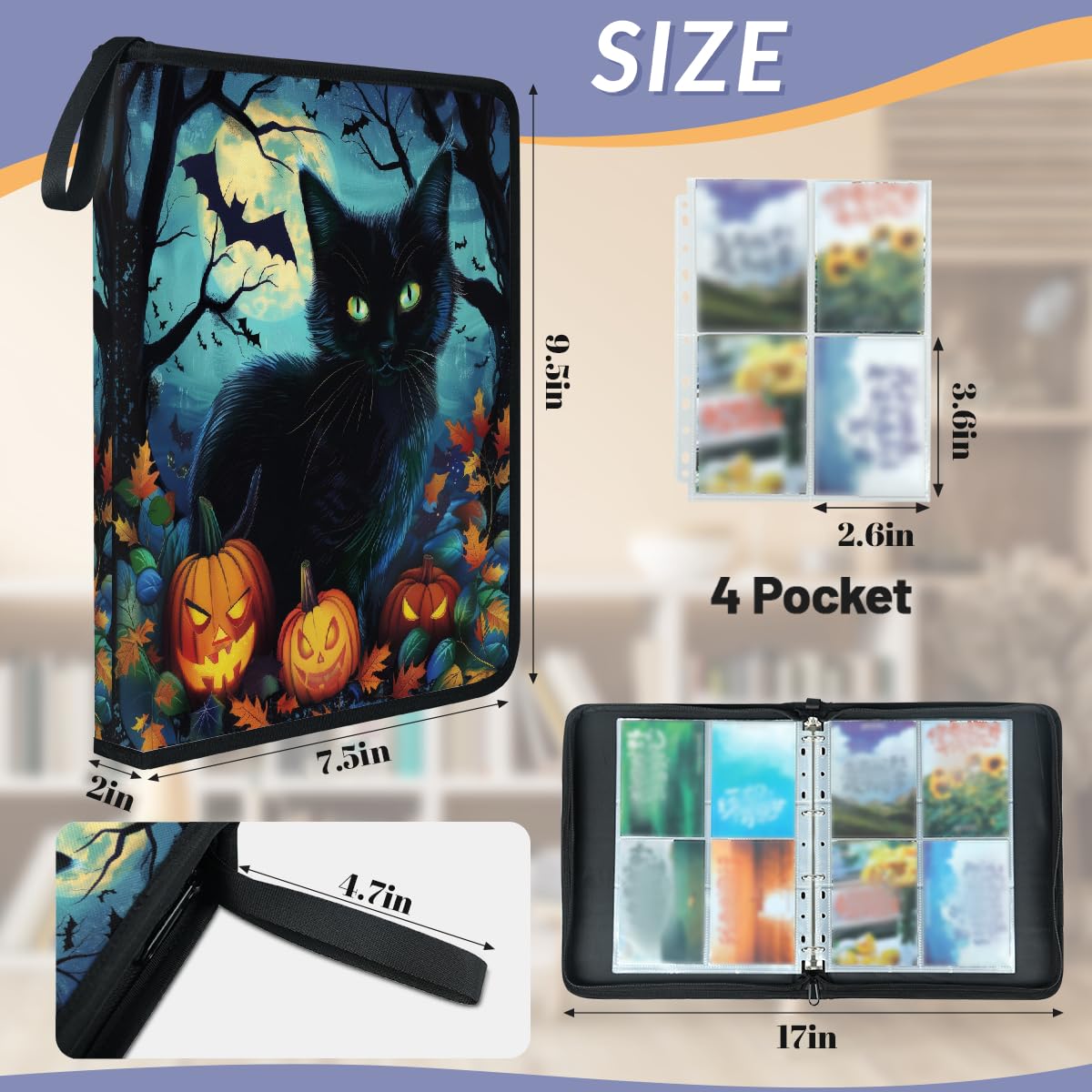 Raccoglitore per carte collezionabili con 4 tasche, motivo gatto nero, per Halloween, con maniche rimovibili, impermeabile, con cerniera, 50 pagine, capacità 400 carte