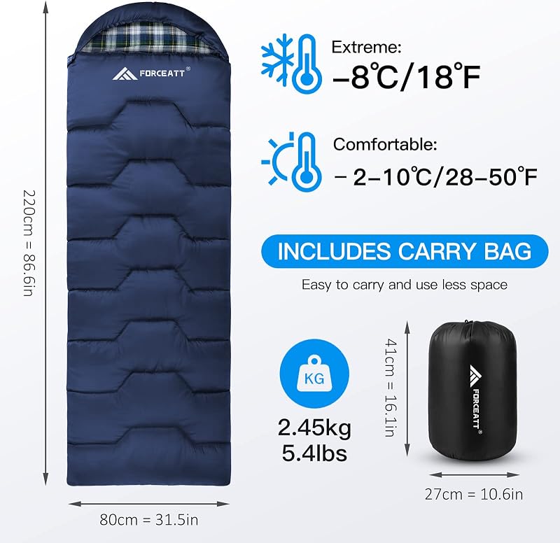 Sac de dormit Forceatt pentru adulți din flanel, 4 anotimpuri, hidrofug, -8°C - 15°C, pentru drumeții în interior și exterior pe timp de iarnă, ușor și călduros