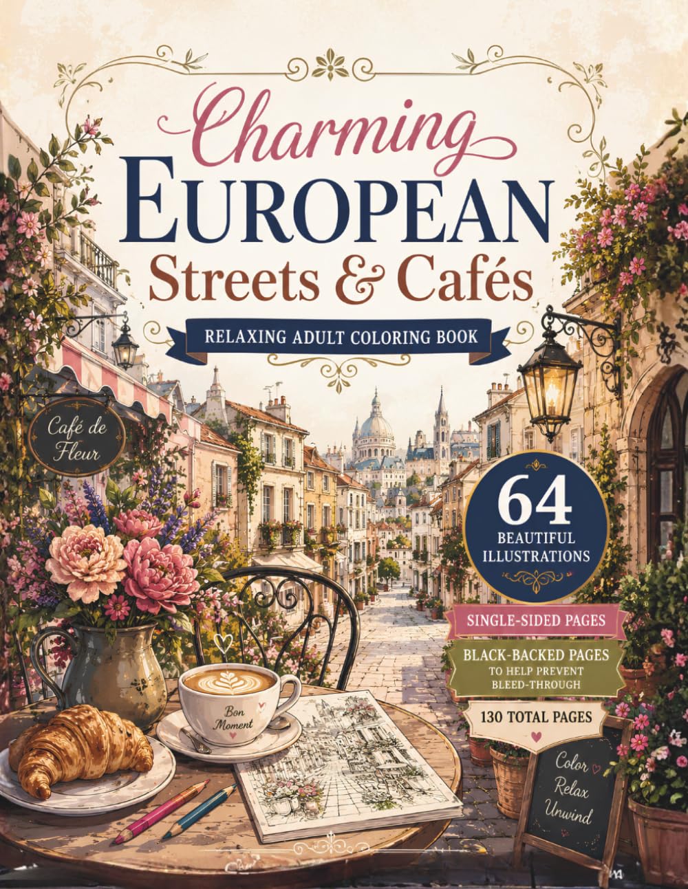 Charming European Streets & Cafés: Relaxing Adult Coloring Book