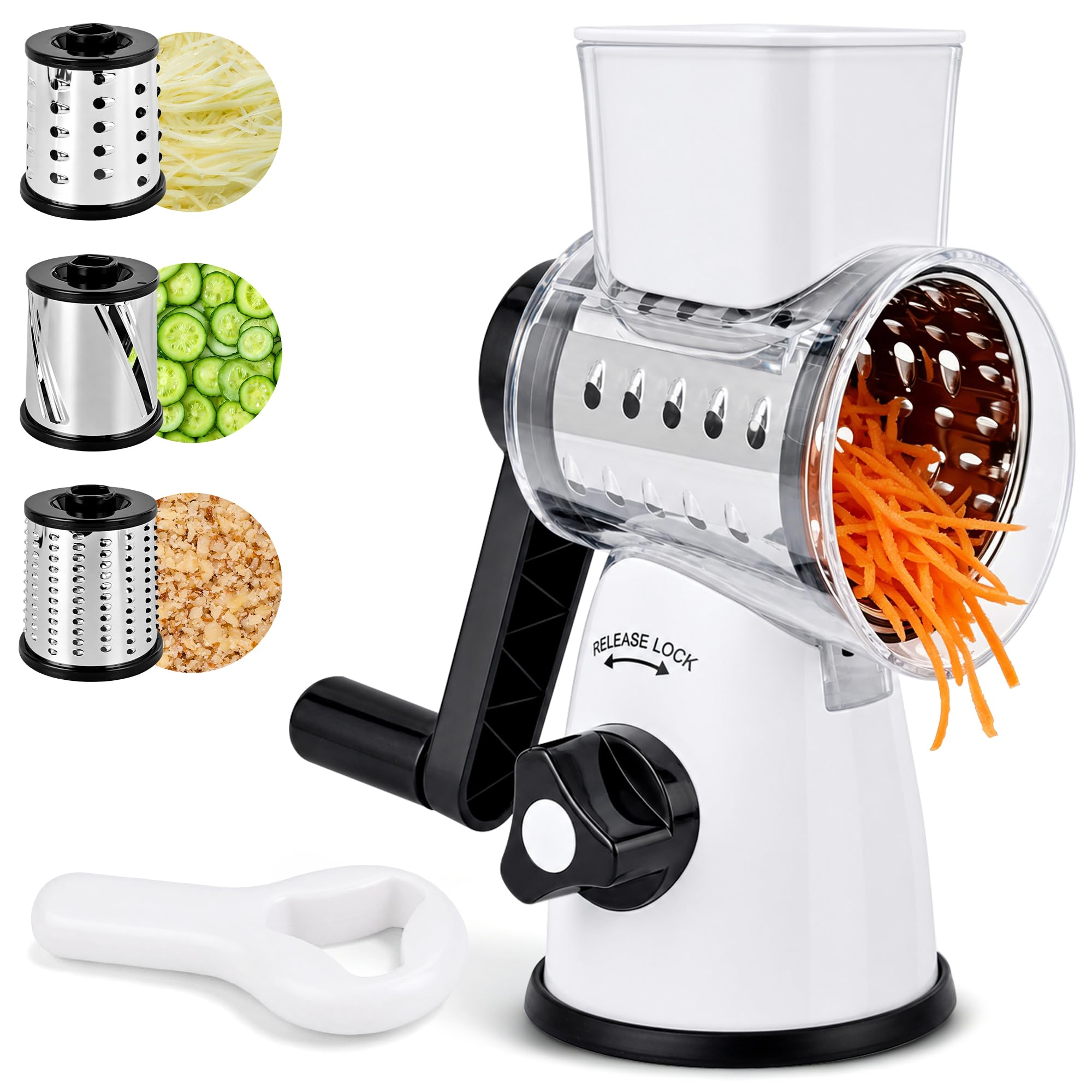 SUSTEAS Rotary Cheese Grater, Cheese Shredder with 3 Interchangeable Blades
