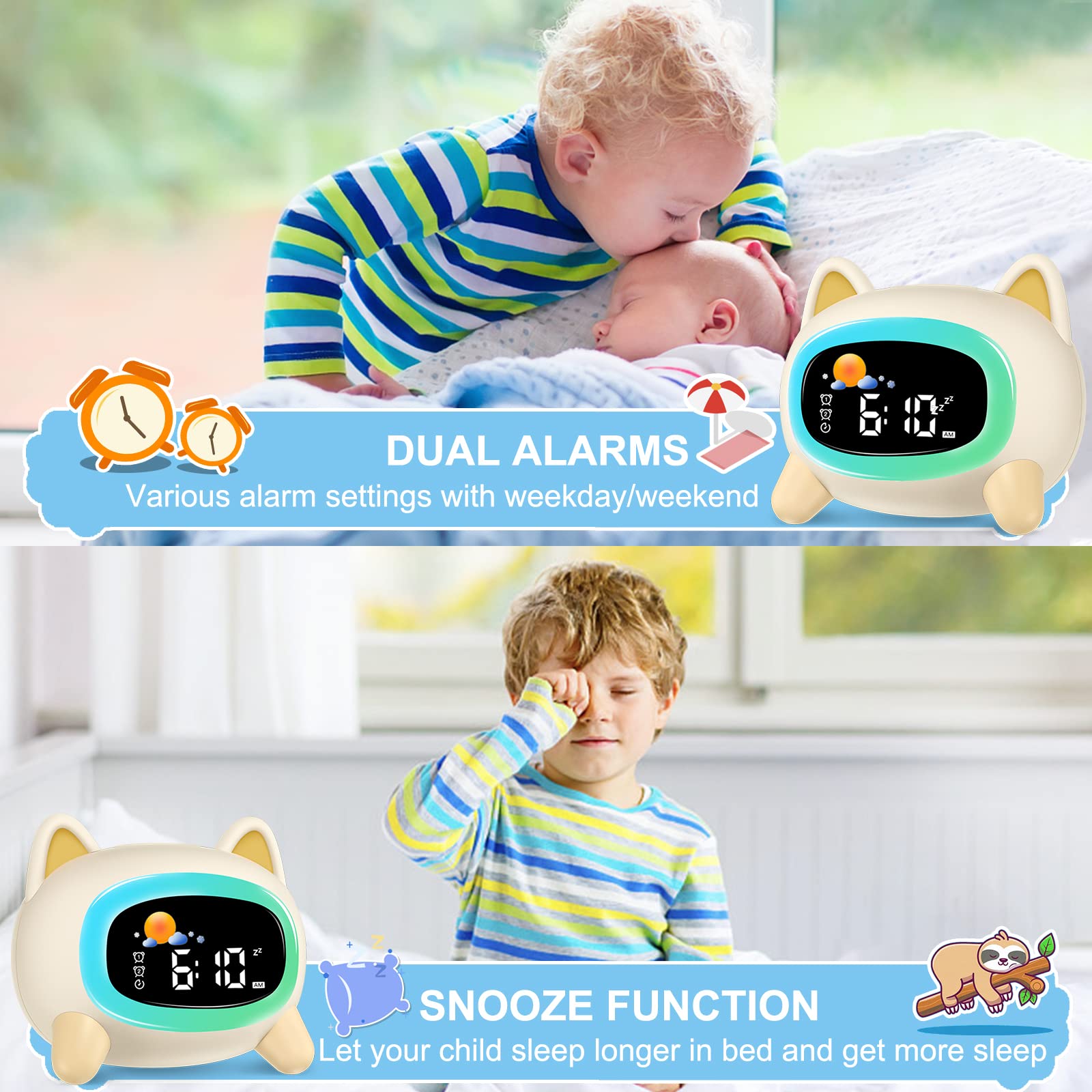 Reloj despertador para niños, bonito reloj despertador para niños, reloj de entrenamiento de sueño con luz nocturna y máquina de sonido para niños pequeños, niñas, adolescentes (perro)
