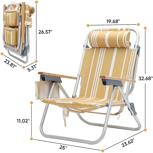 Miniatura 2 de Sekey Silla de playa de aluminio para adultos con 5 posiciones, clásica, plana, ligera, plegable, silla de playa con 2 bolsas de enfriamiento,