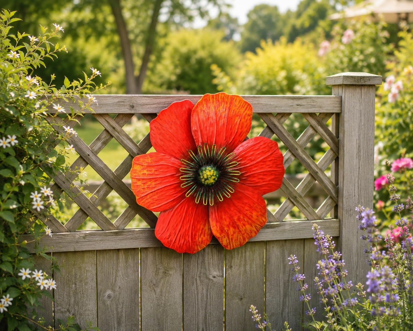 Muddy Hands Large Metal Wall Mounted Flowers – Decorative Metal Wall Art for Outdoor Use | Rustic Floral Wall Decoration for Garden, Patio, Balcony & Fence | Contemporary Hanging Wall Décor, Poppy