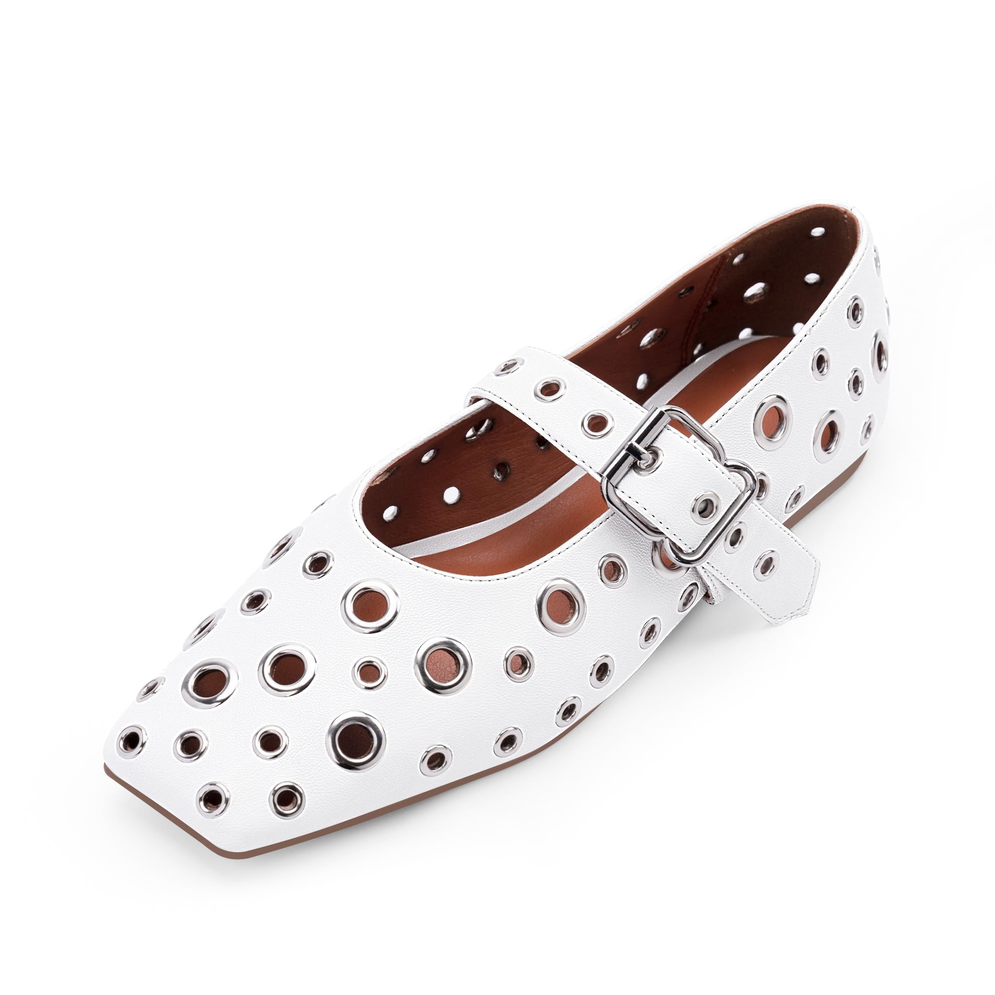 Odetina Women's Ballet Flats Studded Metal Eyelet Buckle Perforated Mary Jane Shoes