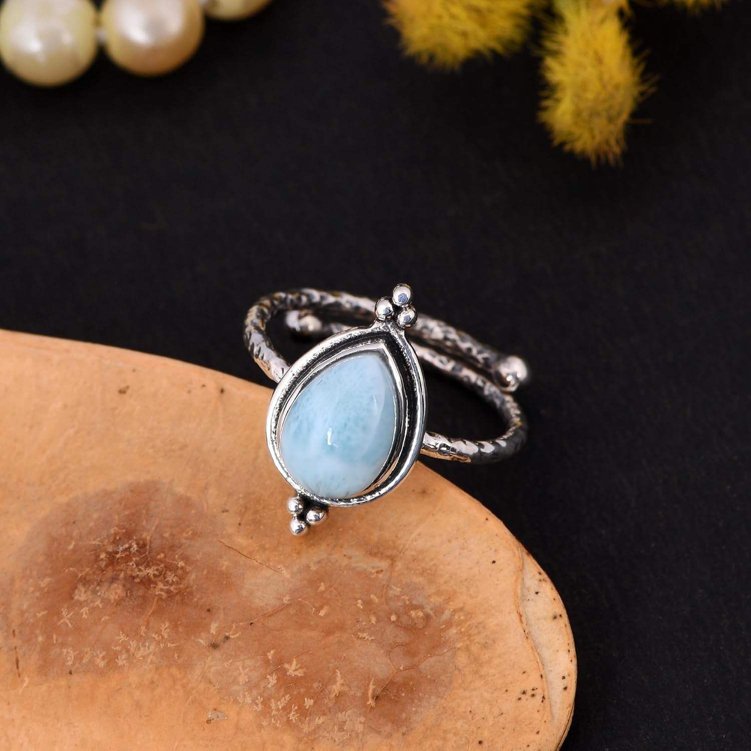 PANOPLY 925 Sterling Silver Hammered Oxidized Adjustable Ring, 7x10mm Natural Pear Shape Gemstone, Elegant Women's Jewelry Gift