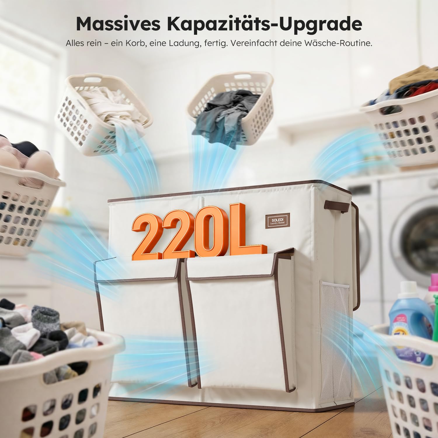 SOLEDI 220L Wäschekorb mit Deckel, Wäschesammler 3 Fächer mit 2 Seitentaschen, Laundr Baskets mit 3 Wäschesack, Wäschesortierer Groß XXXL für Badezimmer, Schlafzimmer, Waschküche